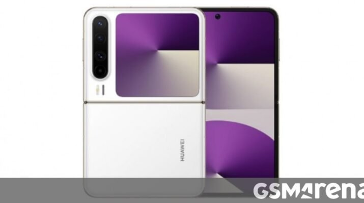 Ilustrasi konsep smartphone lipat Huawei Pura X2 dengan layar ganda dan variasi warna