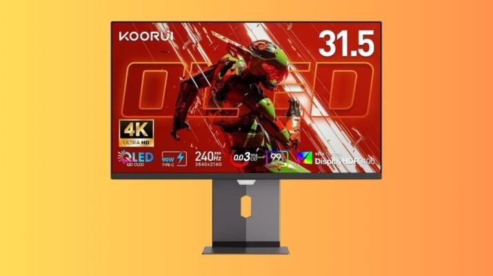 Monitor gaming 32 inci 4K OLED dengan refresh rate 240Hz menampilkan visual game open-world yang tajam di atas meja kerja minimalis