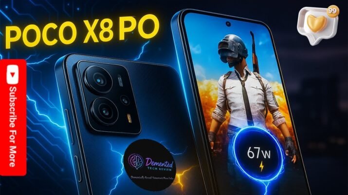 Review POCO X8 Pro warna kuning tergeletak di meja kerja kayu dengan layar menampilkan persentase baterai fast charging 120W
