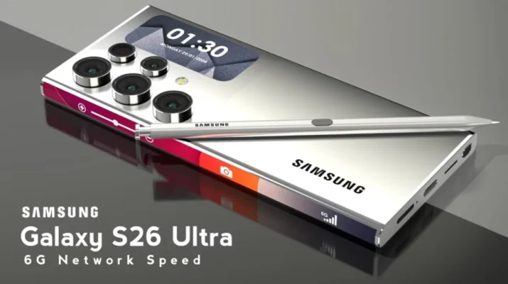 Smartphone Samsung Galaxy S26 Ultra warna Titanium Black bersanding dengan stylus S Pen di atas meja kerja kayu