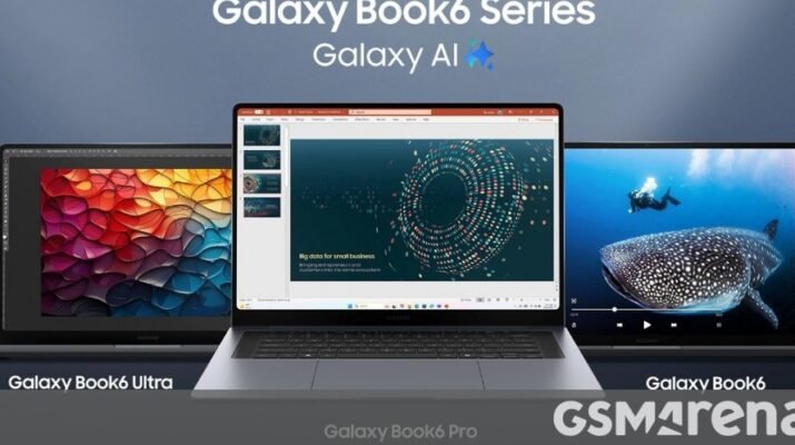 Laptop Samsung Galaxy Book6 Ultra terbaru dengan layar AMOLED yang cerah menampilkan performa tinggi dari GPU Nvidia RTX 5060 di sebuah studio kreatif modern.