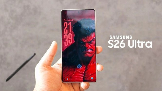 Samsung Galaxy S26 Ultra varian Titanium Silver diletakkan di atas meja kerja minimalis dengan antarmuka Galaxy AI yang sedang memproses video sinematik.