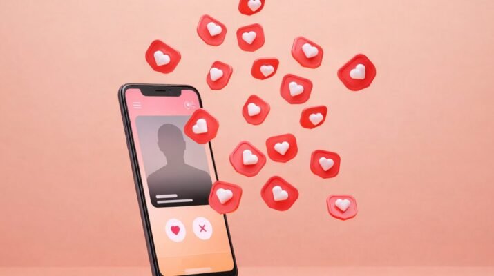 Visual seorang wanita sedang tersenyum menatap layar smartphone Samsung Galaxy S26 Ultra di sebuah kafe, tidak menyadari bahwa pesan romantis yang diterimanya dihasilkan oleh AI romance scammer.