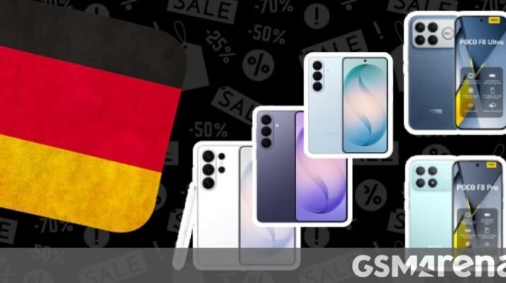 Tampilan depan Samsung Galaxy S26 Ultra di samping Poco F8 Ultra dengan latar belakang meja kayu, ilustrasi perbandingan harga smartphone flagship dan mid-range terbaru tahun 2026